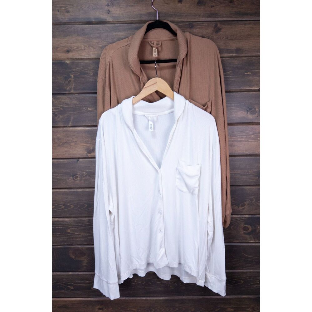 SKIMS Soft Lounge Ribbed Button Up Pajama Tops Bundle Plus 2XL 3X Camel White